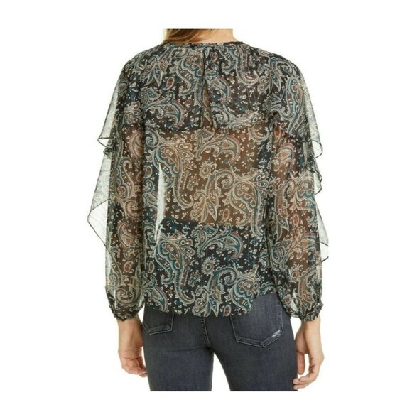 JOIE Kriston Paisley ruffle chiffon blouse black sheer whimsigoth L flowy caviar - Picture 2 of 13